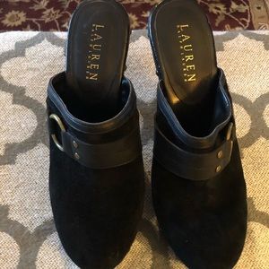 Ralph Lauren suede open back wooden block heels